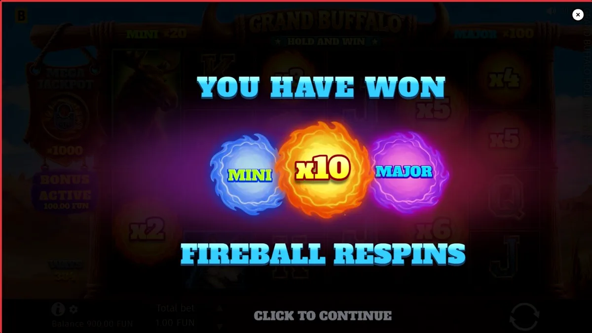 Interface do jogo Grand Buffalo Hold & Win com símbolos de búfalo e fogo