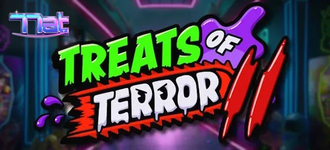 Cena vibrante e neon de um arcade com o tema de Treats of Terror II